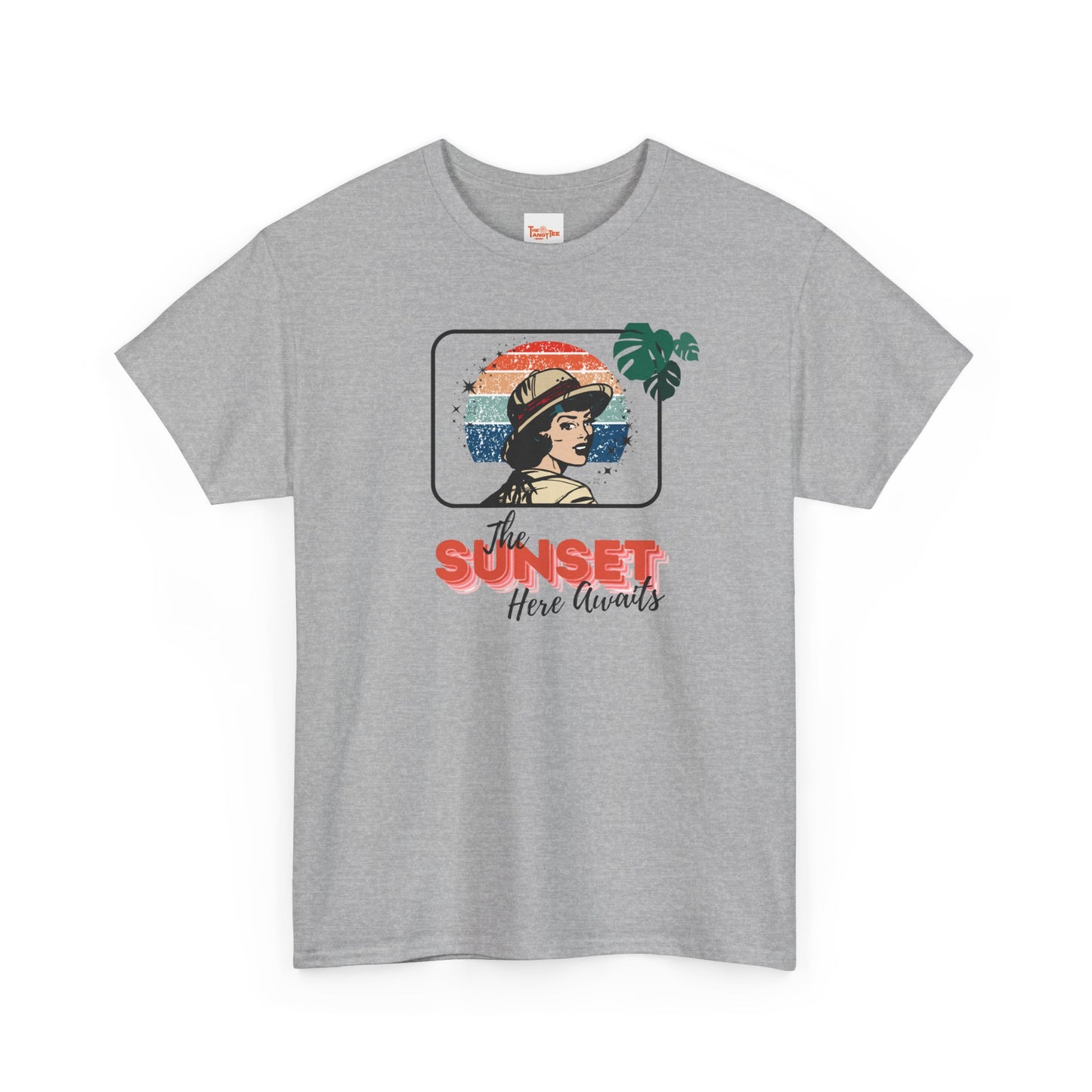 Sunset Awaits Graphic Tee — Woman in Pith Helmet Sunset Design