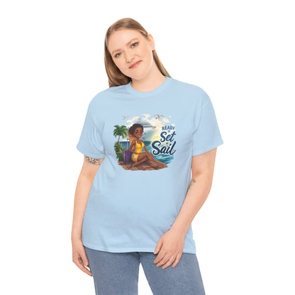 Ready to Set Sail T‑Shirt — Black Woman in Yellow Dress Pier & Cruise Ship Graphic