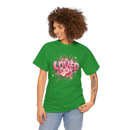 Charming 'Loved' T-Shirt with Pink Bubble Letters & Flower Decor