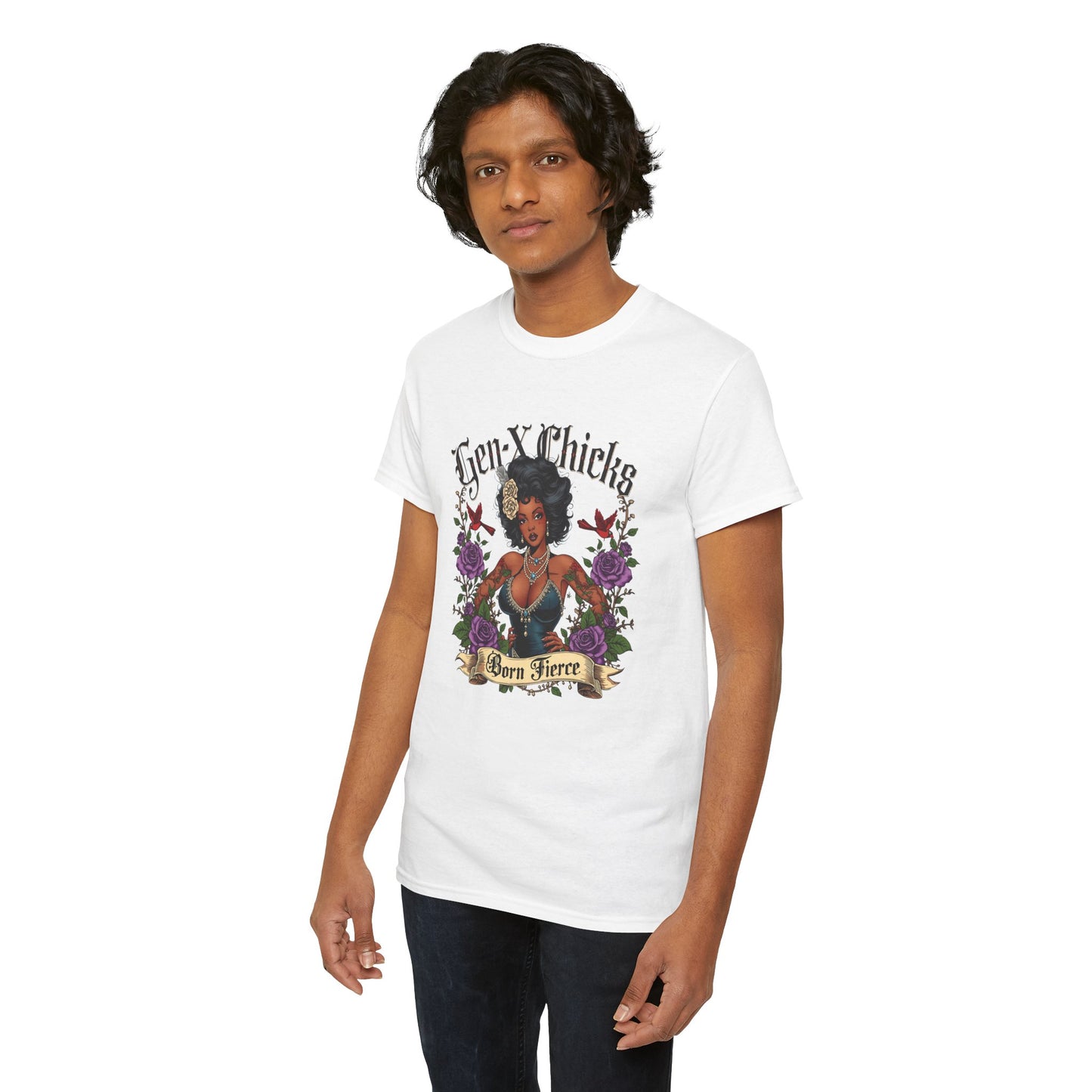 Gen X Chicks Born Fierce T-Shirt — Retro African American Rocker with Purple Flowers