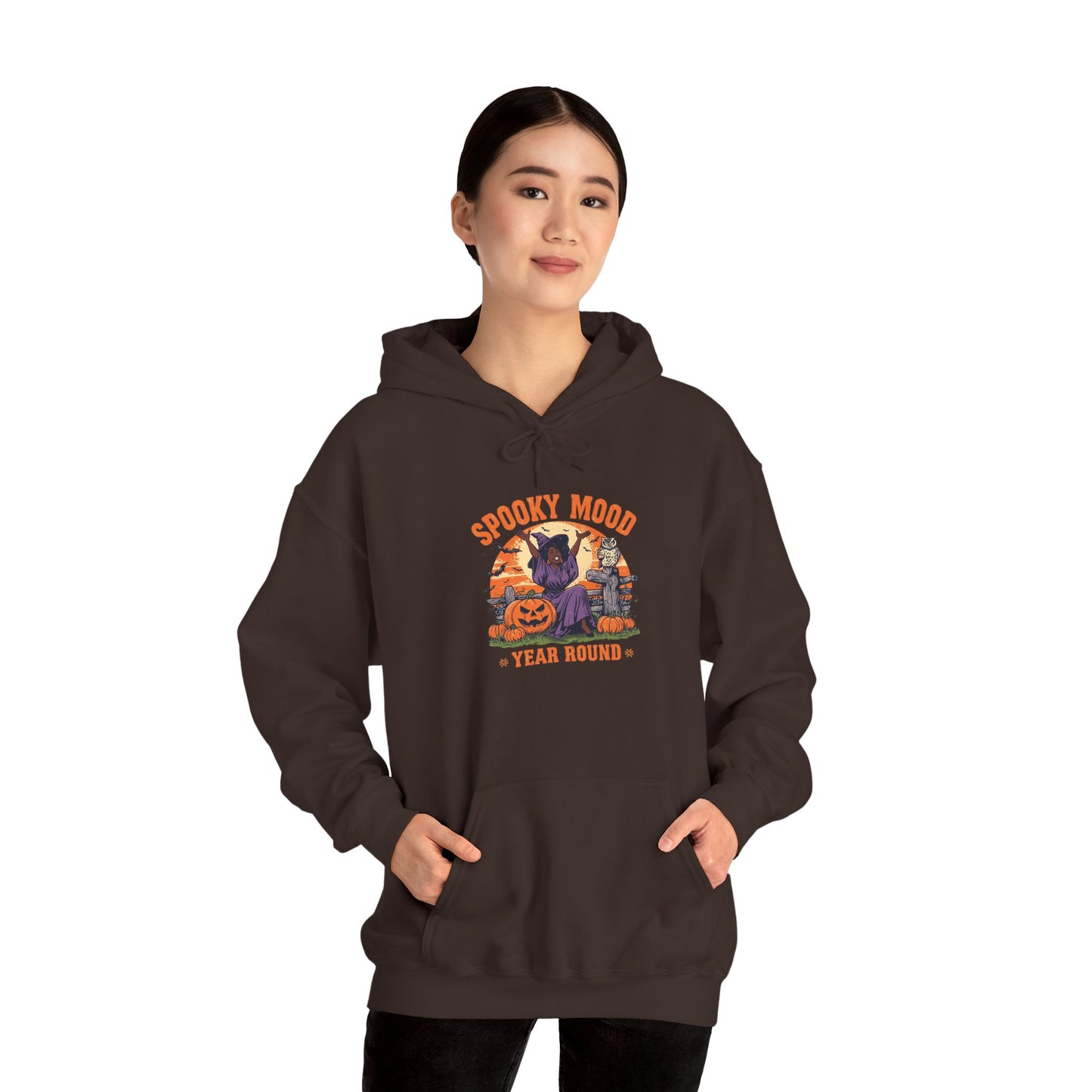 Spooky Mood Year-Round Witch Hoodie — Happy Black Witch with Pumpkins & Bats