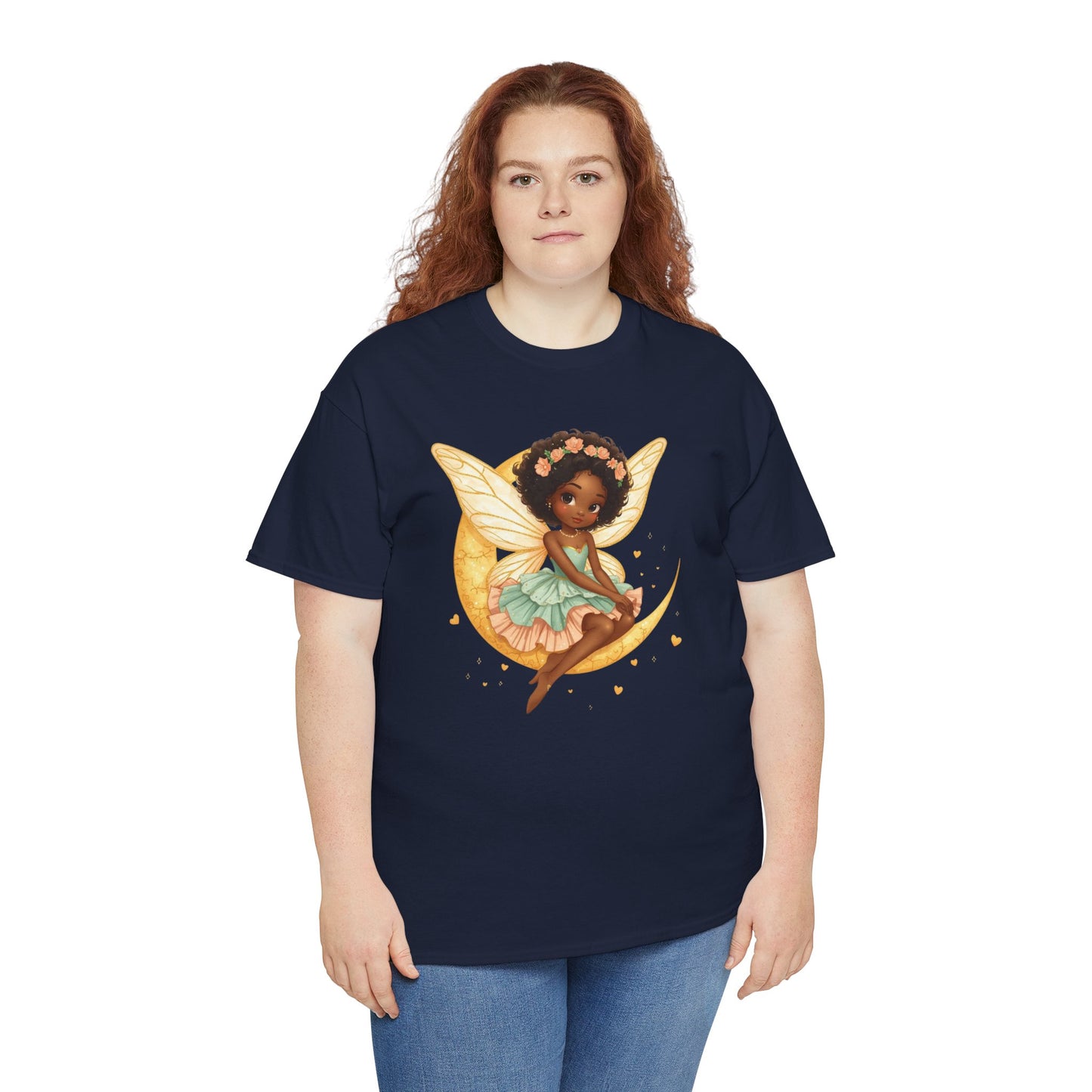 African American Fairy on Crescent Moon T-Shirt — Pink & Mint Fantasy Tee
