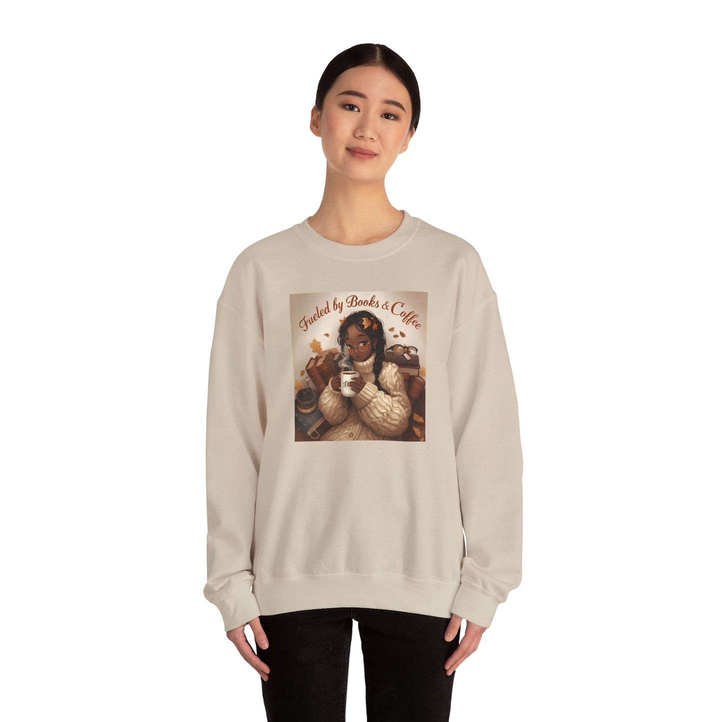 Books and Coffee Lover Sweatshirt, Black Anime Woman Fall Leaves, Reading Nerdy Jumper, Cozy Autumn Sweater