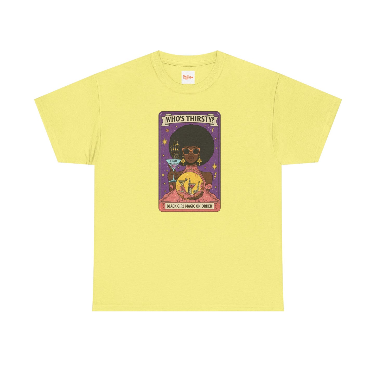 Tarot 'Who's Thirsty?' Graphic T‑Shirt — Retro Afro Witch Cocktail Design