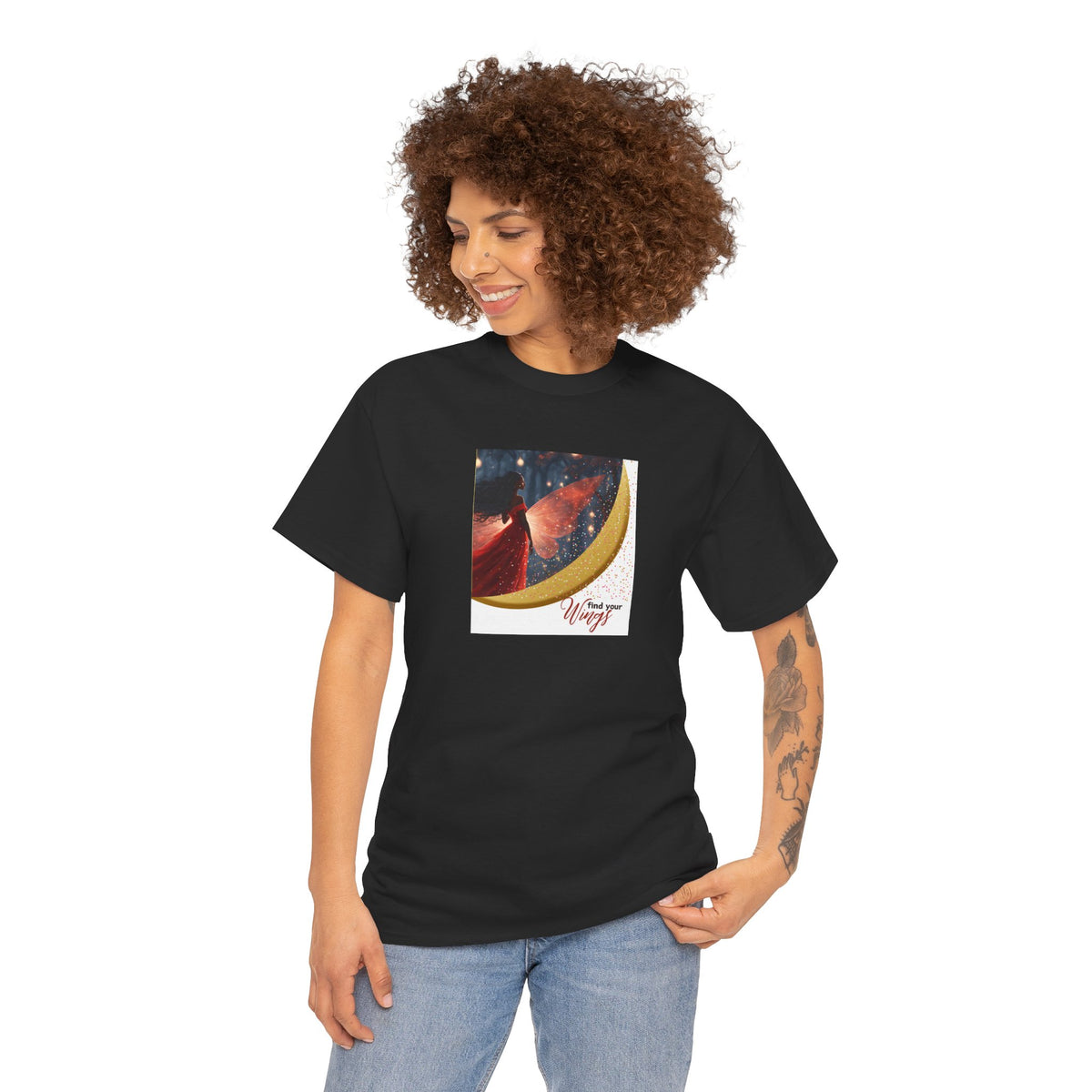 Find Your Wings T-Shirt — Black Woman Night Forest Graphic Tee with Glitter Wings