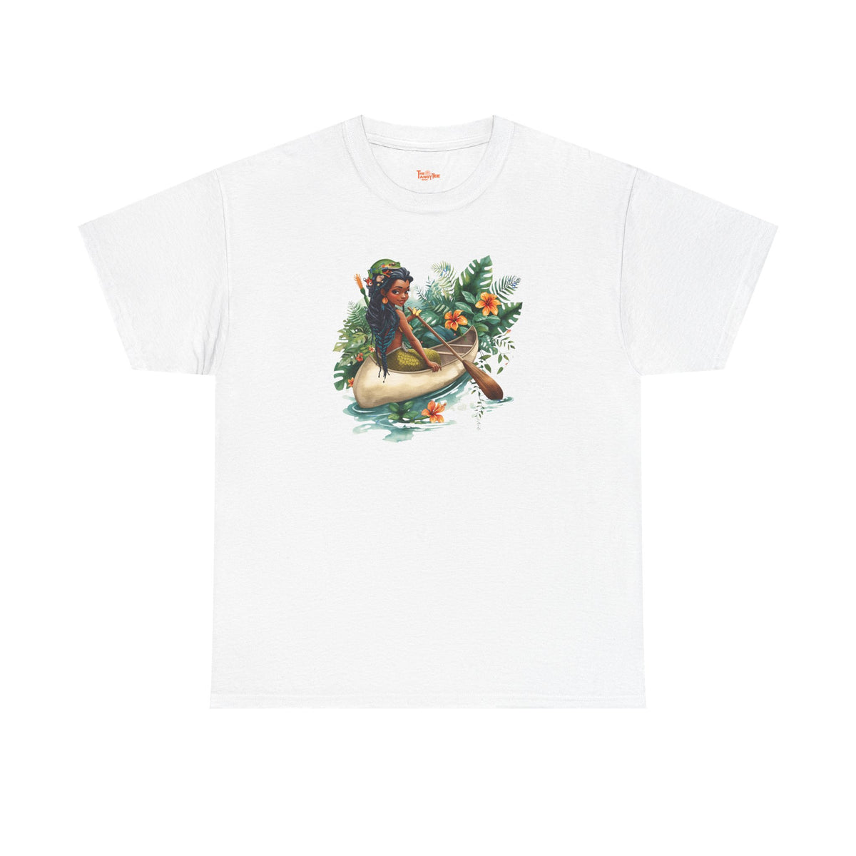 Mermaid Canoe T-Shirt — Black Mermaid Rowing Through Jungle with Frog Graphic