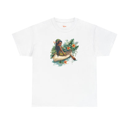 Mermaid Canoe T-Shirt — Black Mermaid Rowing Through Jungle with Frog Graphic