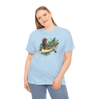 Mermaid Canoe T-Shirt — Black Mermaid Rowing Through Jungle with Frog Graphic