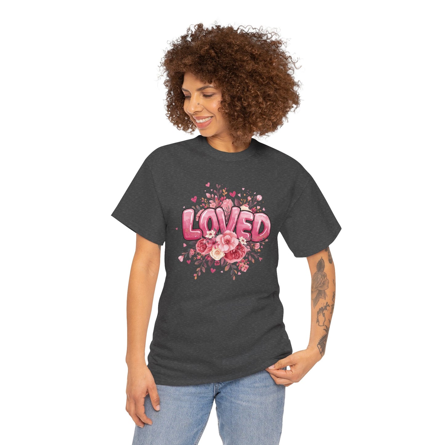 Charming 'Loved' T-Shirt with Pink Bubble Letters & Flower Decor