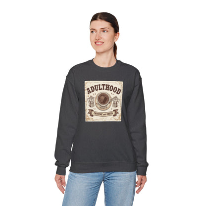 Adulthood Powered by Caffeine and Chaos Sweatshirt — Coffee & Old West Wanted Poster Graphic