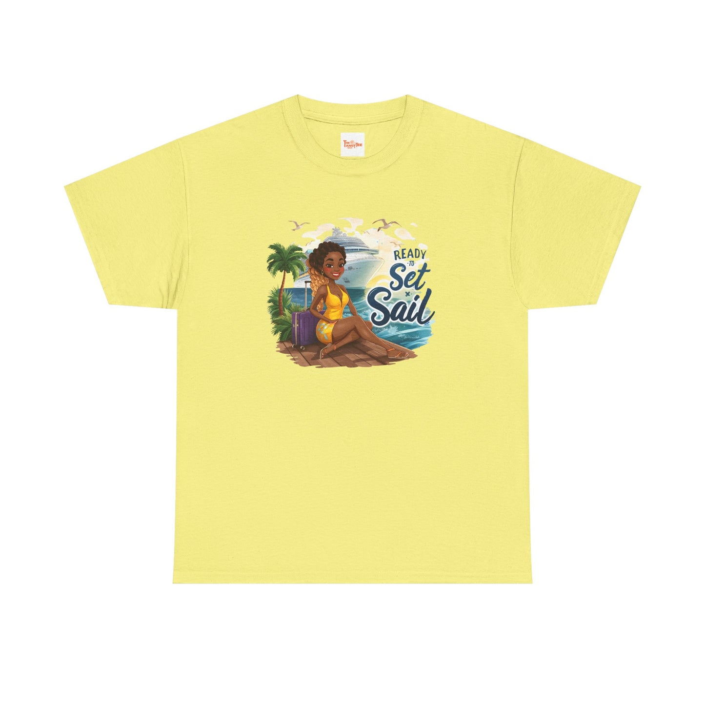 Ready to Set Sail T‑Shirt — Black Woman in Yellow Dress Pier & Cruise Ship Graphic