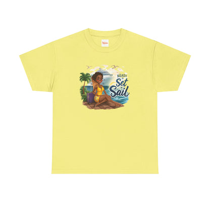 Ready to Set Sail T‑Shirt — Black Woman in Yellow Dress Pier & Cruise Ship Graphic