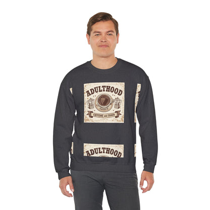 Adulthood Powered by Caffeine and Chaos Sweatshirt — Coffee & Old West Wanted Poster Graphic
