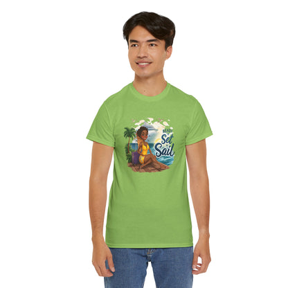Ready to Set Sail T‑Shirt — Black Woman in Yellow Dress Pier & Cruise Ship Graphic