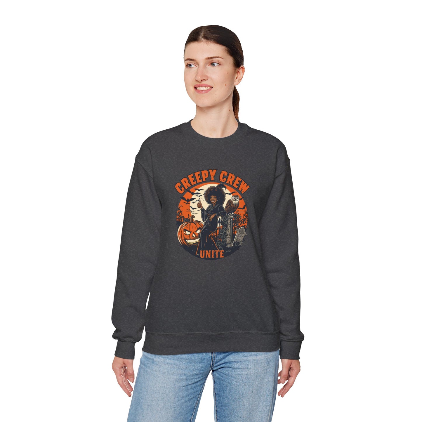 Creepy Crew Unite Witch Sweatshirt — African American Witch Pumpkin Graveyard