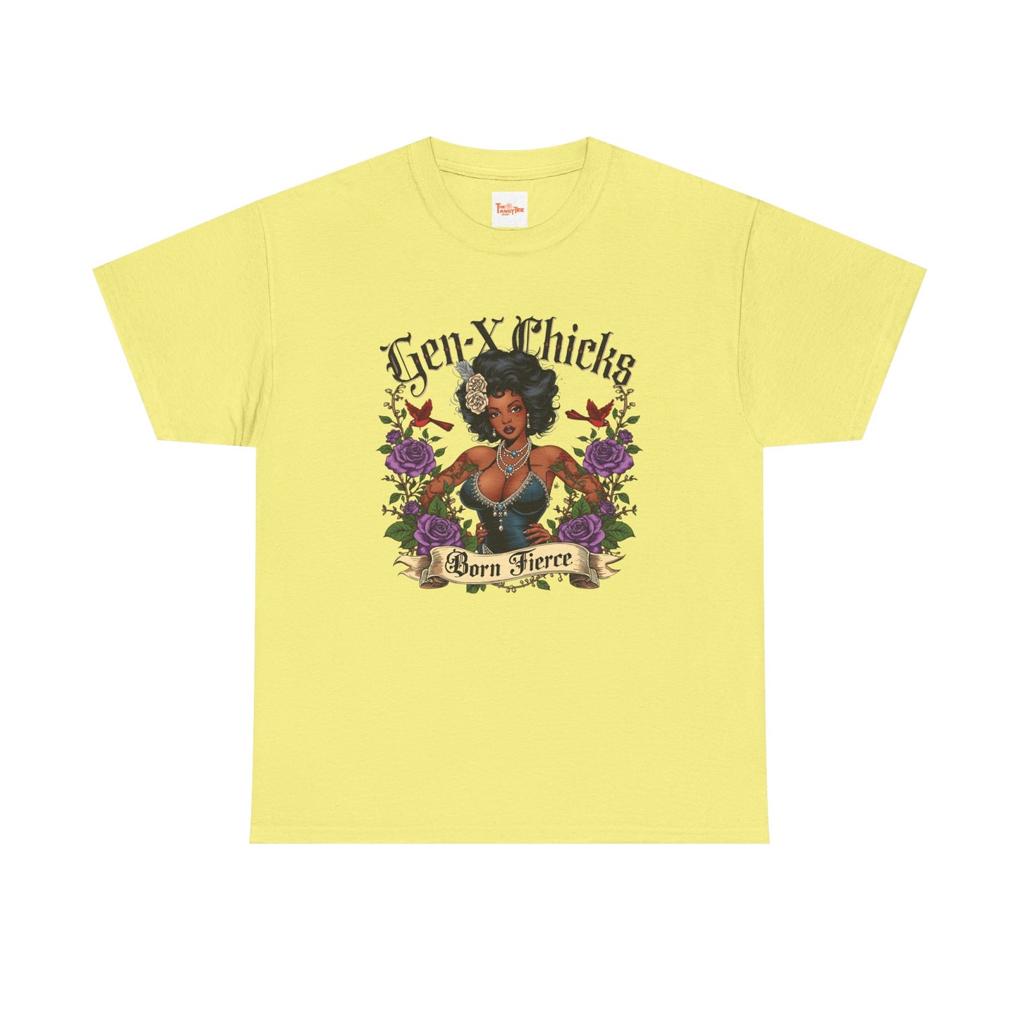Gen X Chicks Born Fierce T-Shirt — Retro African American Rocker with Purple Flowers