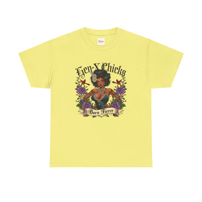 Gen X Chicks Born Fierce T-Shirt — Retro African American Rocker with Purple Flowers