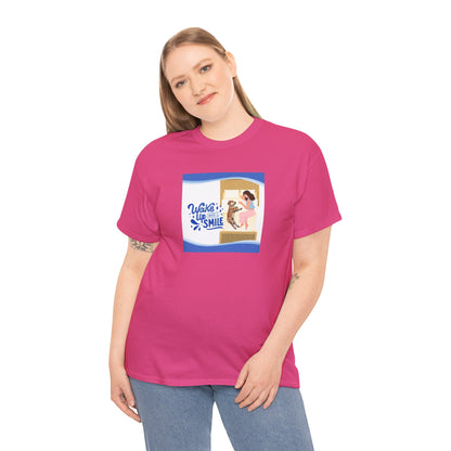 Graphic Tee - Wake up and Smile, Woman and Dog in Bed Design