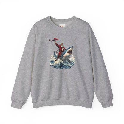 Santa Riding a Shark Sweatshirt — Funny Holiday Shark Claus Crewneck