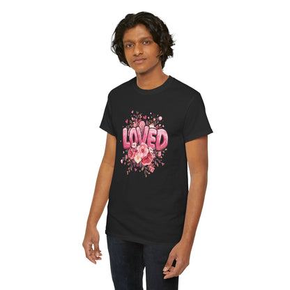 Charming 'Loved' T-Shirt with Pink Bubble Letters & Flower Decor