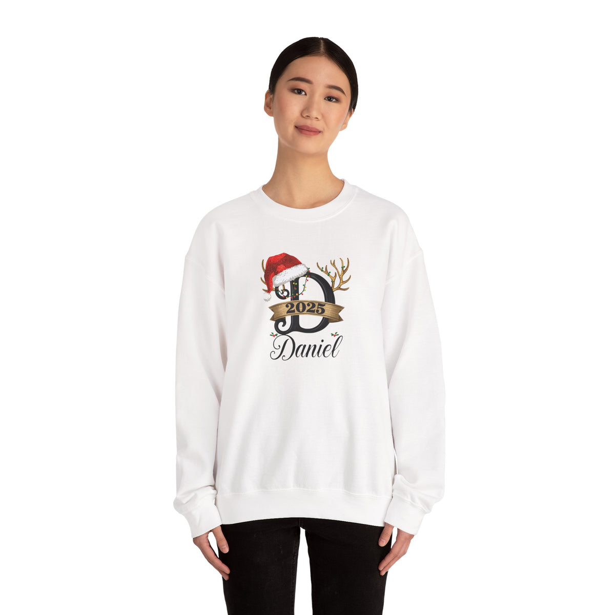 Personalized Christmas Monogram Sweatshirt — Antlers, Santa Hat & Lights