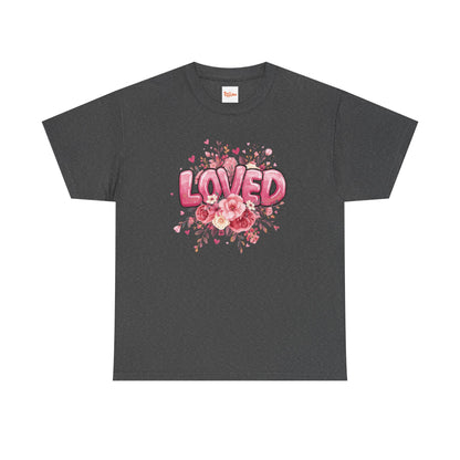 Charming 'Loved' T-Shirt with Pink Bubble Letters & Flower Decor