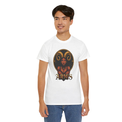 Aries Art Nouveau Tee — African American Woman with Ram Horns Zodiac Graphic