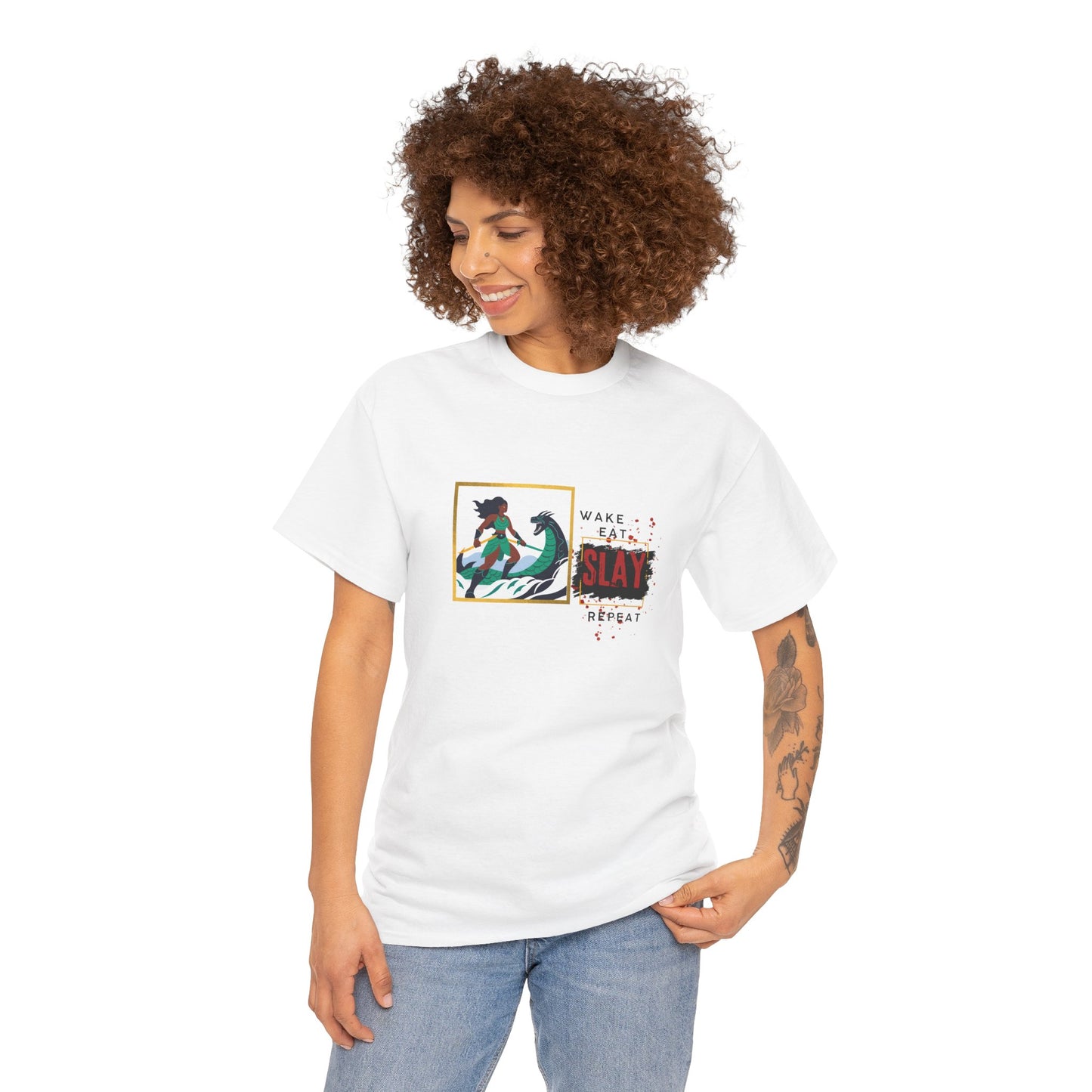 Wake Eat Slay Repeat Unisex Tee - Black Woman Sea Monster Graphic