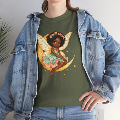 African American Fairy on Crescent Moon T-Shirt — Pink & Mint Fantasy Tee