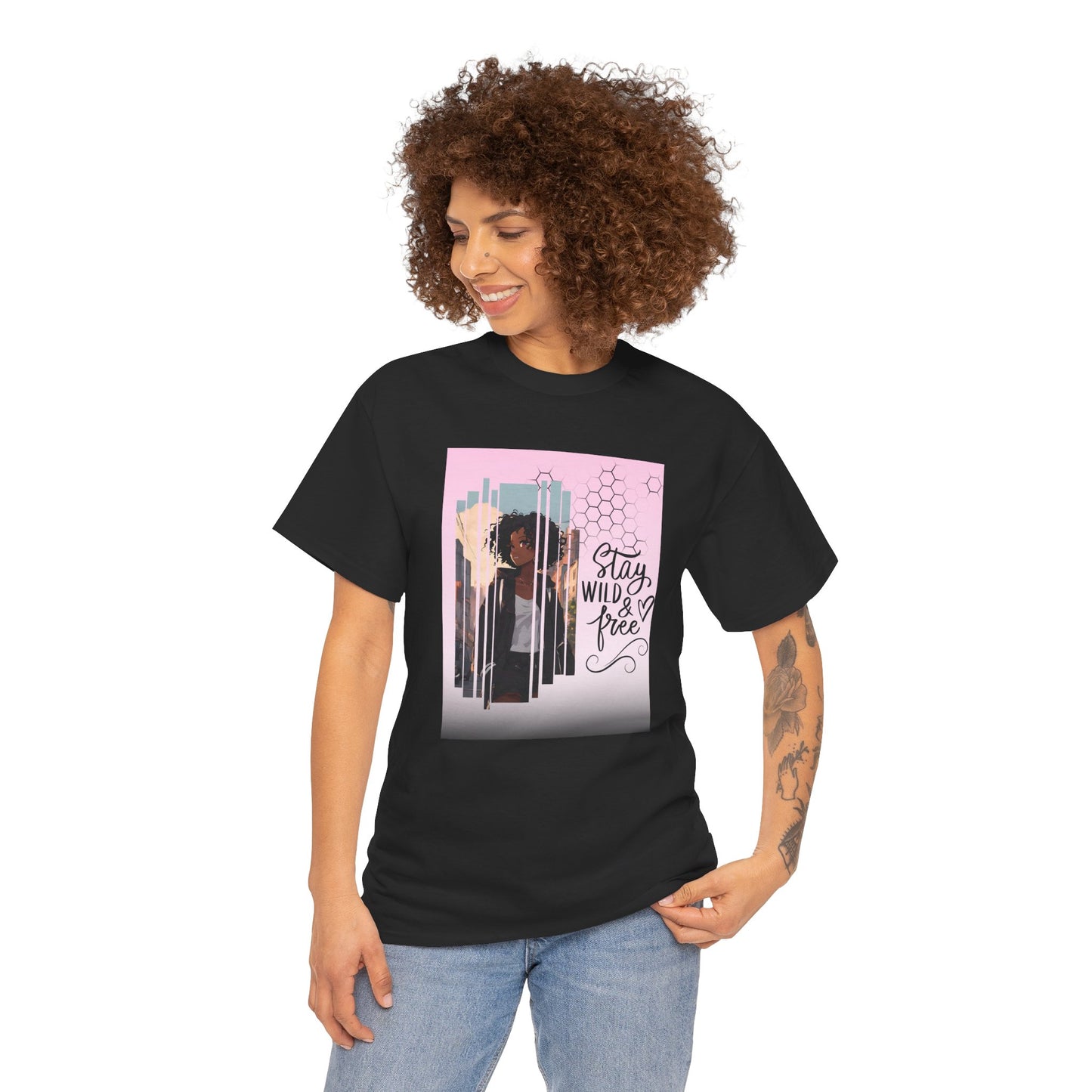 Stay Wild and Free Black Anime Girl City Graphic Tee