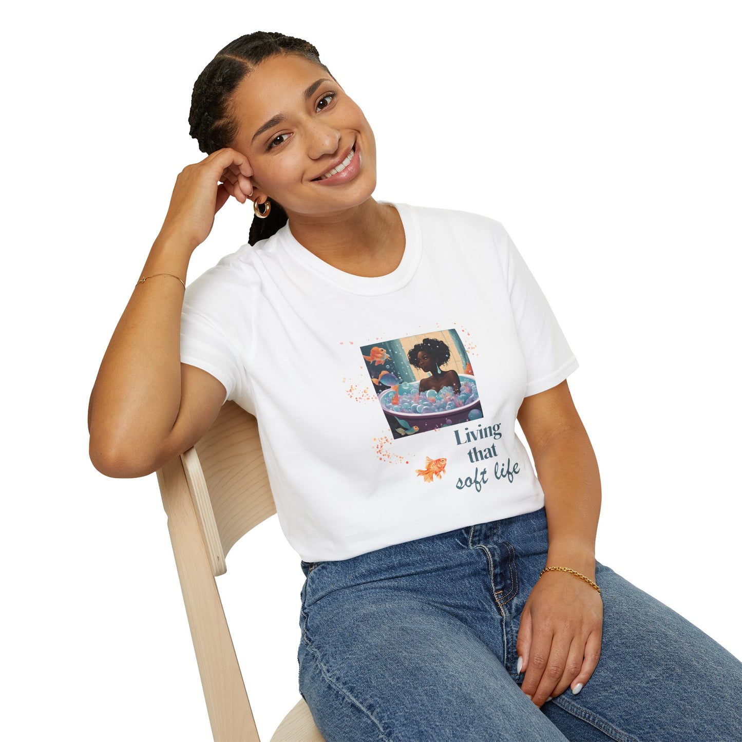Soft Life Graphic Unisex T-Shirt - Black Woman in Bath with Goldfish and Bubbles