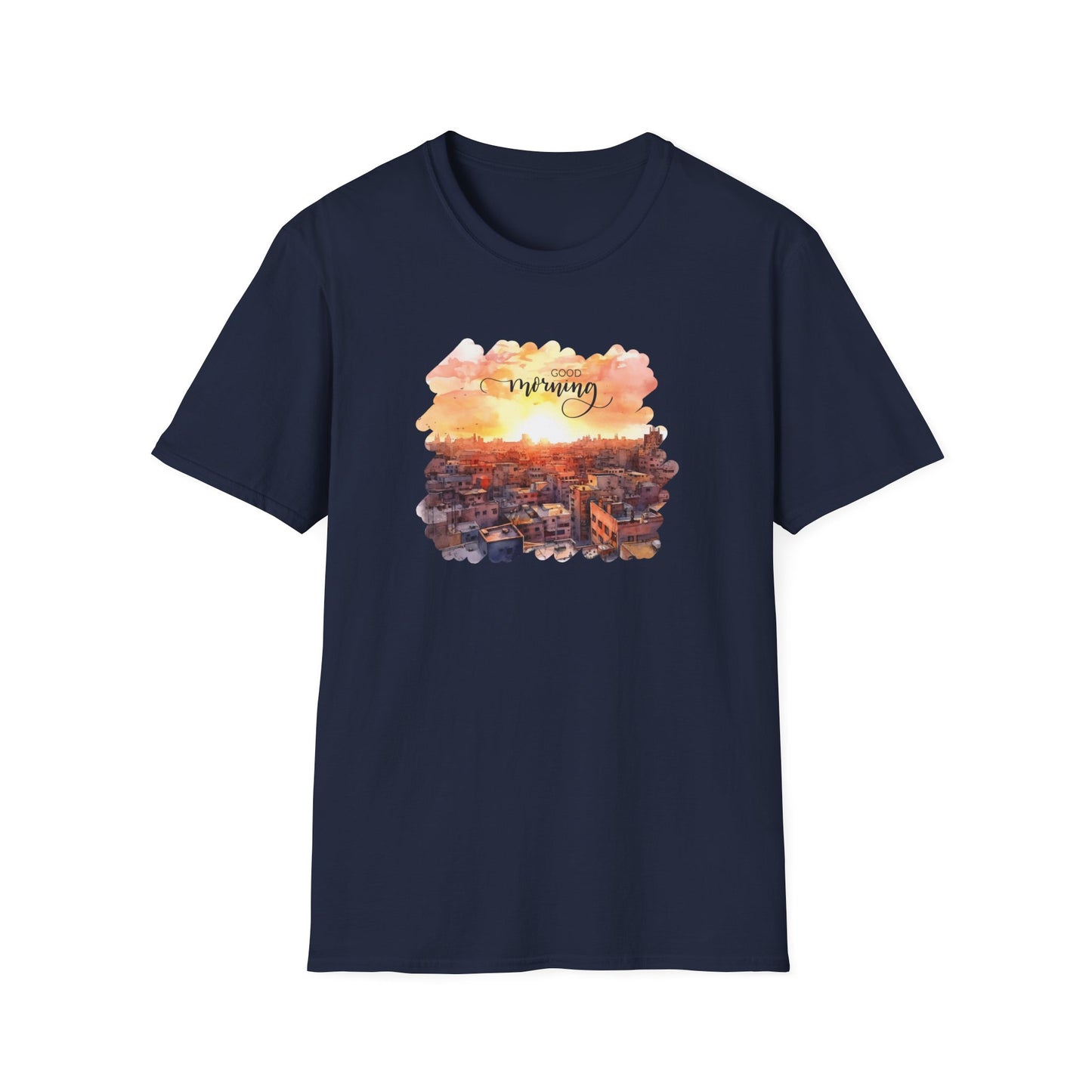 Cityscape Sunrise Unisex T-Shirt with 'Good Morning' Graphic