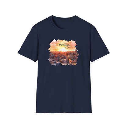 Cityscape Sunrise Unisex T-Shirt with 'Good Morning' Graphic