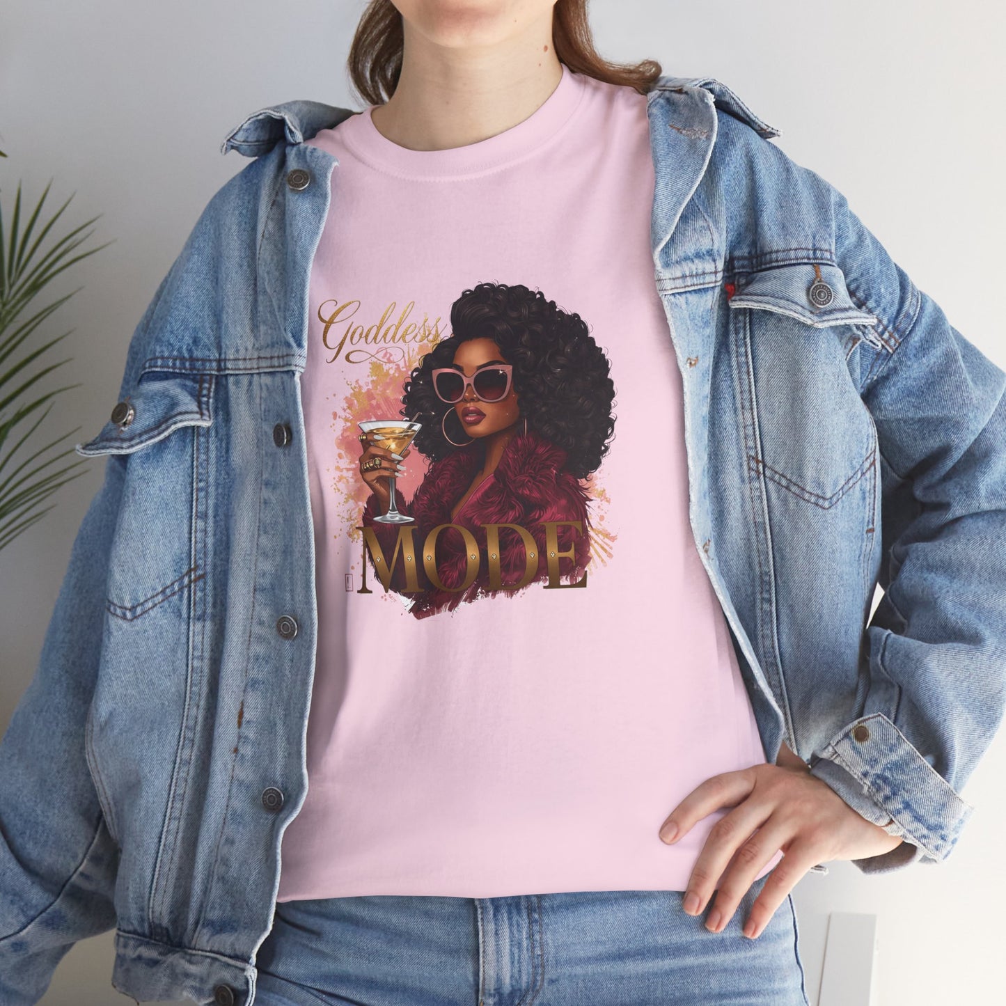 Goddess Vibes Tee — Black Woman in Burgundy Fur Holding Champagne