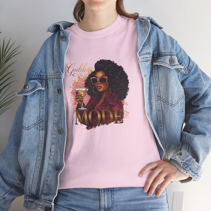 Goddess Vibes Tee — Black Woman in Burgundy Fur Holding Champagne