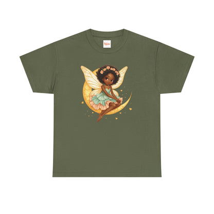African American Fairy on Crescent Moon T-Shirt — Pink & Mint Fantasy Tee