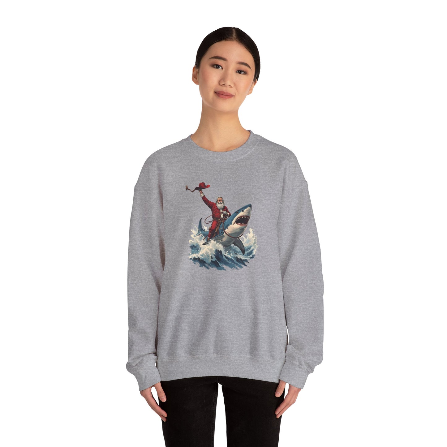 Santa Riding a Shark Sweatshirt — Funny Holiday Shark Claus Crewneck