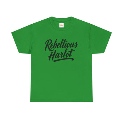 Rebellious Harlot Tee — Bold Script Graphic T-Shirt