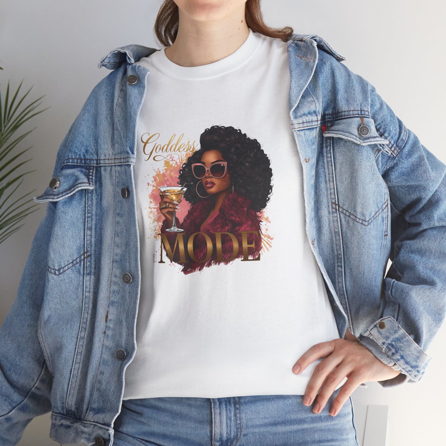 Goddess Vibes Tee — Black Woman in Burgundy Fur Holding Champagne