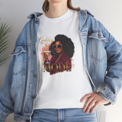 Goddess Vibes Tee — Black Woman in Burgundy Fur Holding Champagne