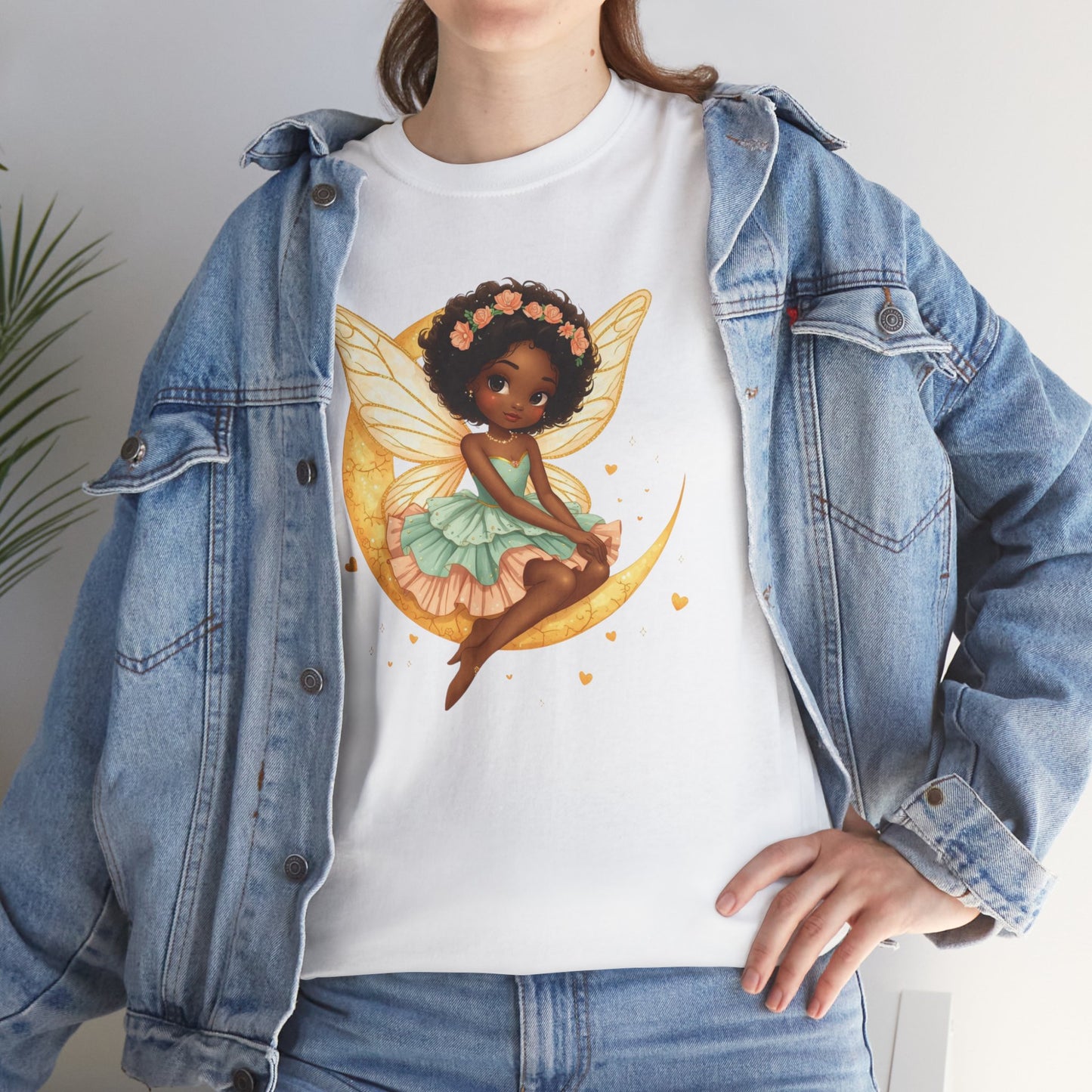 African American Fairy on Crescent Moon T-Shirt — Pink & Mint Fantasy Tee