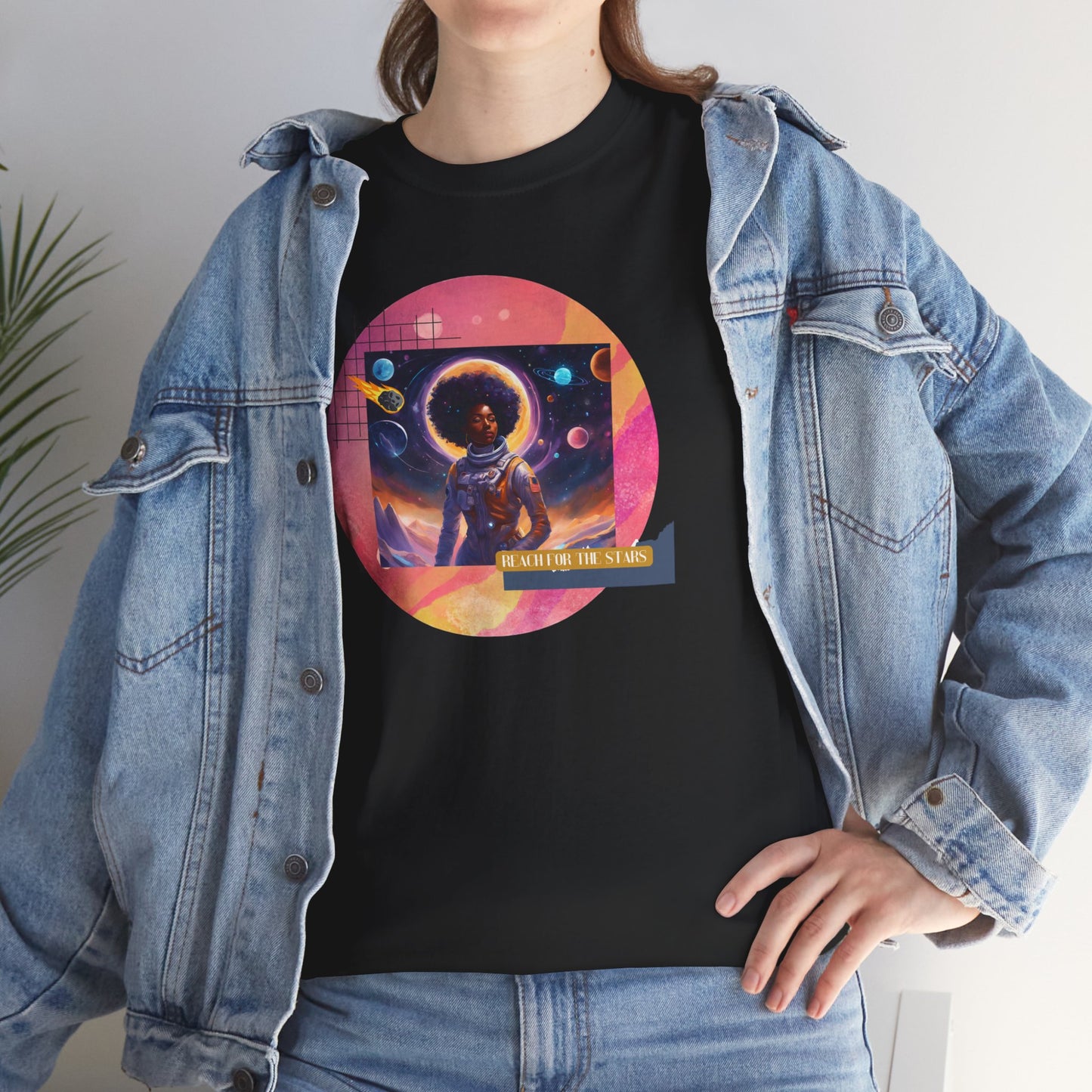 Graphic Tee - Reach for the Stars, Black Female Astronaut Design