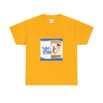 Graphic Tee - Wake up and Smile, Woman and Dog in Bed Design