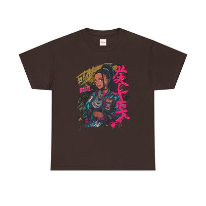 Rebel African American Anime Woman Graphic Tee — Graffiti & Asian Symbol Design
