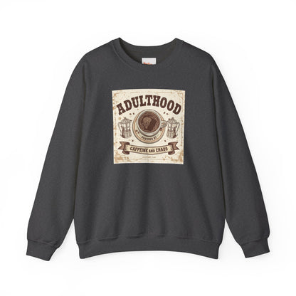 Adulthood Powered by Caffeine and Chaos Sweatshirt — Coffee & Old West Wanted Poster Graphic