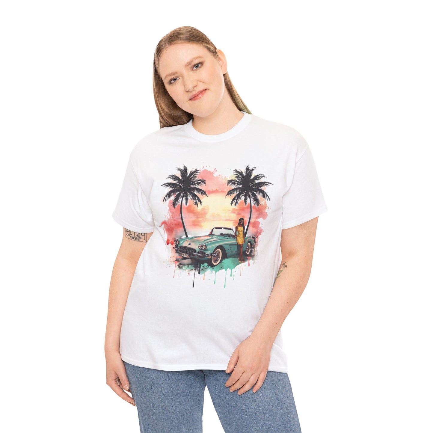 Sunset Muscle Car Tee — African American Woman Graphic T-Shirt