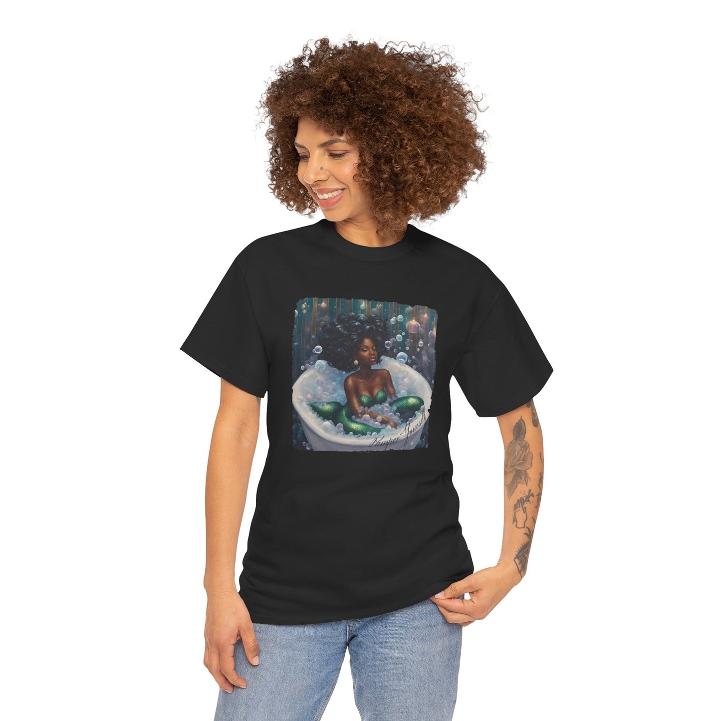 Pamper Yourself Black Mermaid Tee — Relaxing Bathtub Graphic