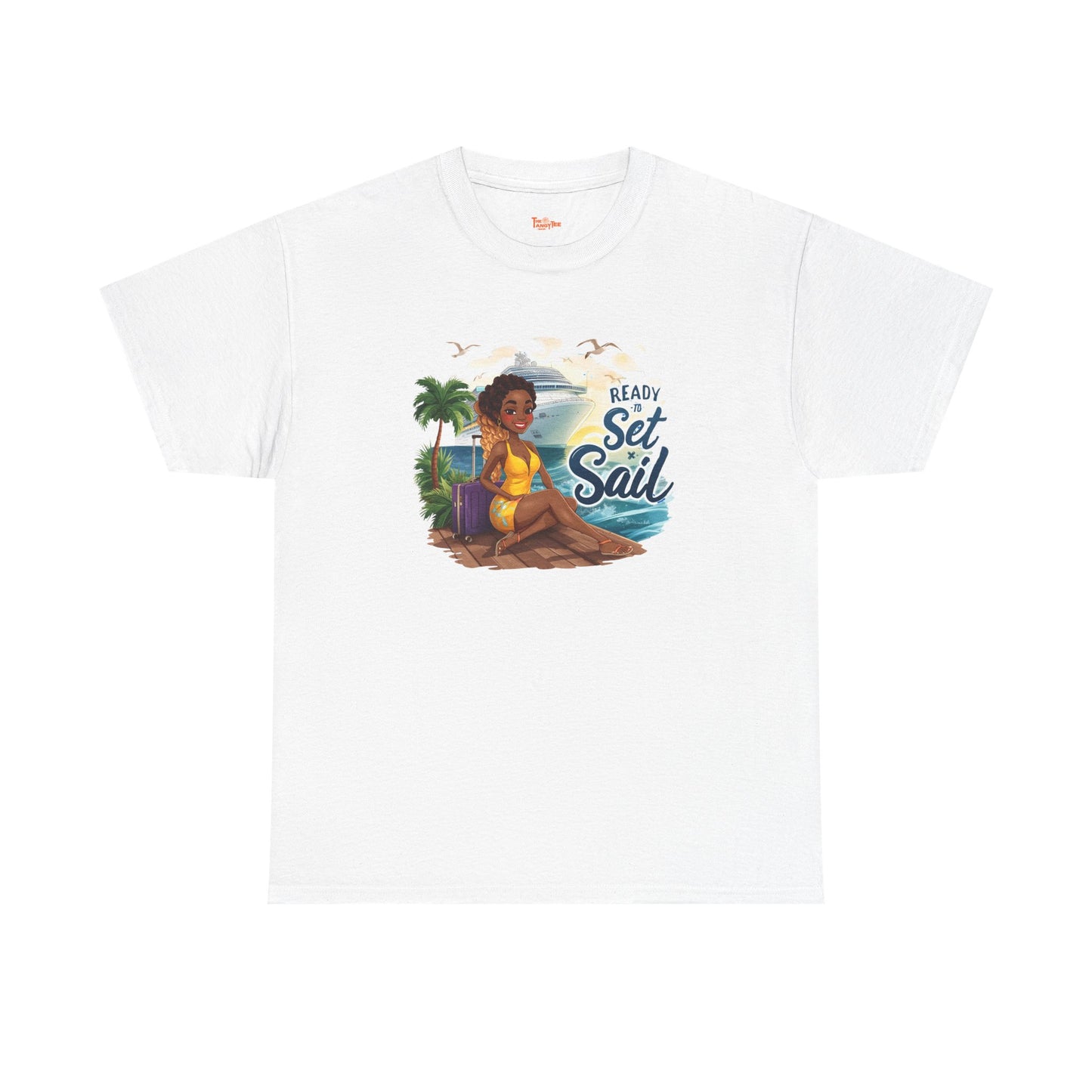Ready to Set Sail T‑Shirt — Black Woman in Yellow Dress Pier & Cruise Ship Graphic