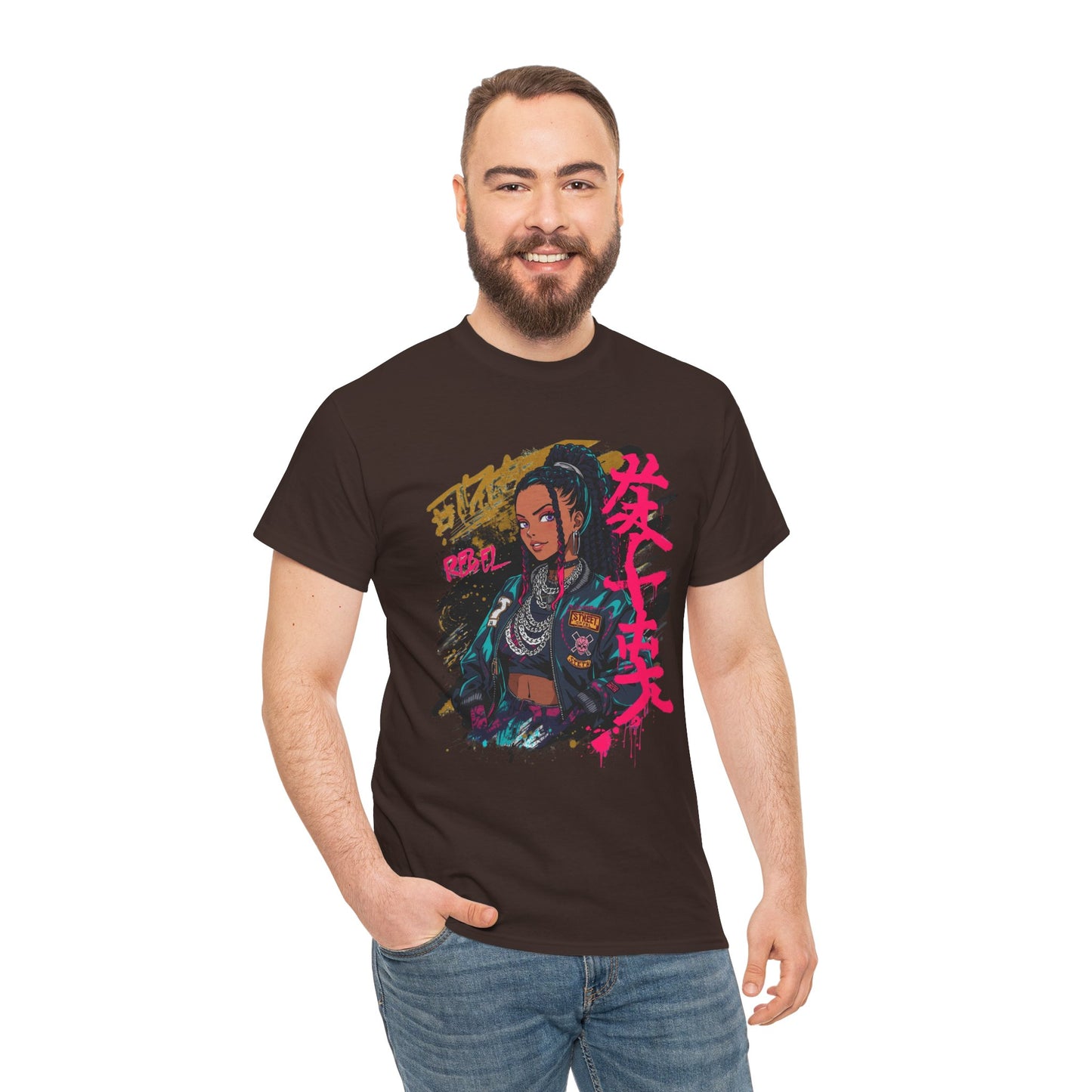 Rebel African American Anime Woman Graphic Tee — Graffiti & Asian Symbol Design