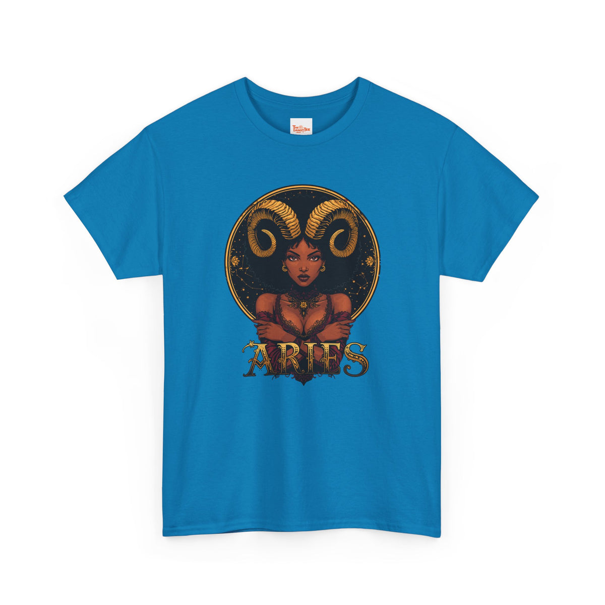 Aries Art Nouveau Tee — African American Woman with Ram Horns Zodiac Graphic